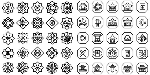 Wall Mural - Asian traditional decorative elements. Korean frame borders, corners and dividers. Geometric stamp ornament, oriental line modern set.