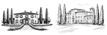 Traditional suburban European architecture with ancient villa with cypresses. Vintage illustration on a white background.