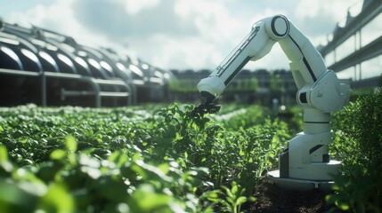 Robot arm tending to plants in a modern greenhouse setting