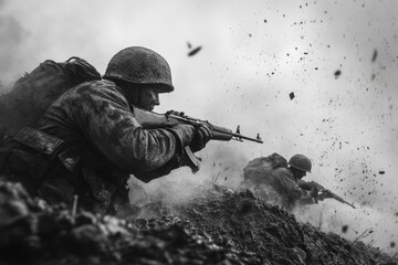 Soldiers attacking enemy position during war reenactment