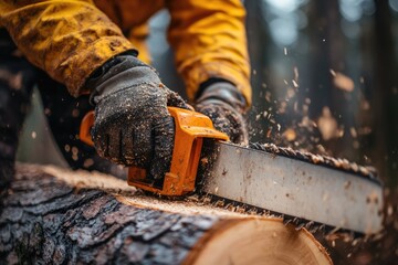 Lumberjack cutting wood with chainsaw in forest, sawdust flying