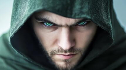  A man with serious expression, blue eyes, and green hoodie, gazes into camera with a close-up focus