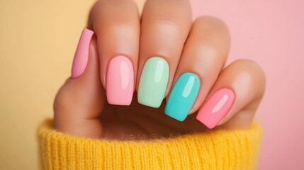 Vibrant Pastel Nail Design with Shallow Depth of Field   Closeup of a hand with nails painted in various pastel colors creating a fun and playful nail art look with a deep depth of field