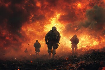 Soldiers walking away from battlefield explosion fire and destruction