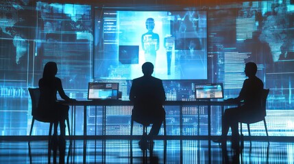 Poster - A group of individuals engaged in a high-tech meeting with data projections in a dark environment.