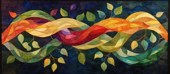 Wall Mural - abstract art of colorful ribbons with leaves intertwined on a dark background.