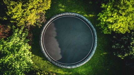 A top-down view of a trampoline in a backyard, surrounded by safety nets. The focus is on the trampoline's surface and design.