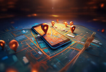 Poster - A smartphone rests on a map with multiple location pins scattered around it, symbolizing the power of navigation and exploration.