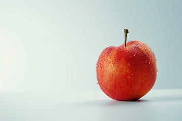 A single, ripe, red plum with water droplets on a white background.