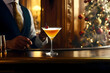© Nataliia - Elegant martini on bar counter with cherry garnish, held by bartender in festive holiday setting with Christmas tree lights in the background. National Martini Day