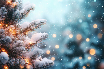 A Christmas tree with snow on it and lights on it. The tree is lit up and the snow is falling