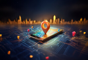Poster - A smartphone with a glowing orange pin on the screen, representing a location, with a cityscape in the background.