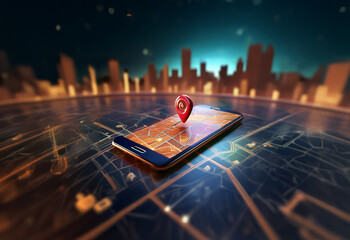 Poster - A red location pin is centered on a smartphone screen, symbolizing the digital world's connection to physical locations. The background features a cityscape and a futuristic map, suggesting a modern a