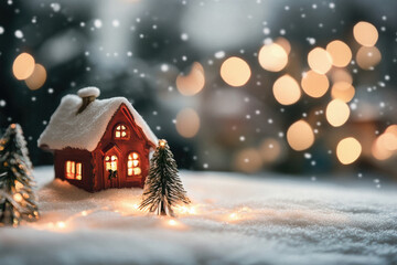 A small red house with a Christmas tree in front of it. The house is surrounded by snow and the tree is lit up. The scene gives off a cozy and festive mood