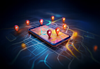 Poster - A smartphone lays on a glowing map, its screen displaying multiple red location pins.