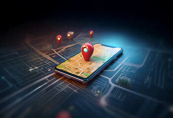 Poster - A smartphone displays a map with a red pin, representing a location, on the screen. Multiple pins are scattered around the phone.