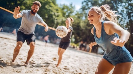 Friends Enjoying Outdoor Volleyball Game on Sandy Beach on Sunny Day