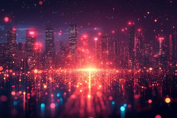 Futuristic Cityscape with Glowing Lights and Starry Night Sky