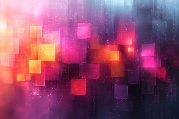 Abstract digital background with colorful glowing squares on a blurred dark background.