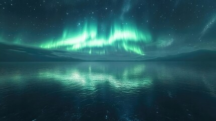 Wall Mural - a breathtaking scene of the earth at night, featuring the aurora borealis' green glow reflected on a