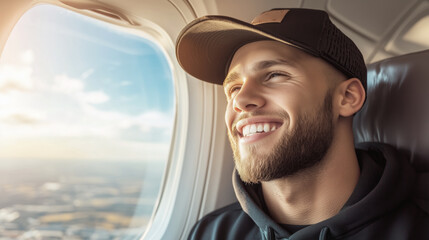 Young man enjoying a scenic view from an airplane window