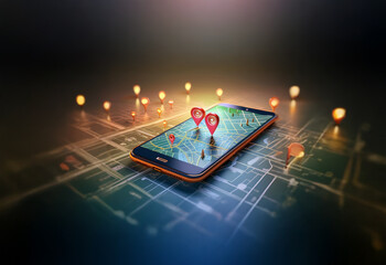 Poster - A smartphone displaying a map with red location pins, surrounded by glowing lights.