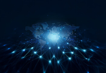 Fototapete - A world map surrounded by a network of glowing blue lines and points of light, representing global connection and digital communication.