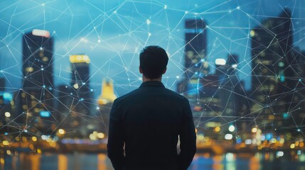 Aufkleber - A person gazing at a city skyline with a digital network overlay, symbolizing connectivity.