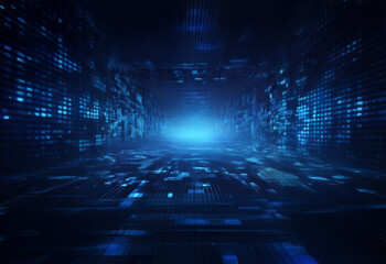 Aufkleber - A dark, digital tunnel with glowing blue light at the end, surrounded by lines and squares of code.