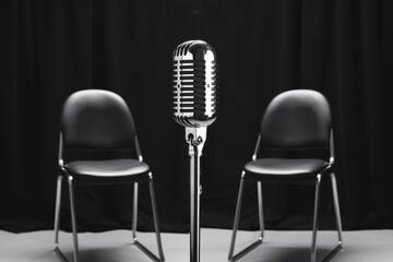 Retro microphone with two chairs in black and white studio setting.