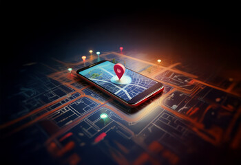 Poster - A smartphone with a red pin on the screen, surrounded by a map with other pins in a dark background.