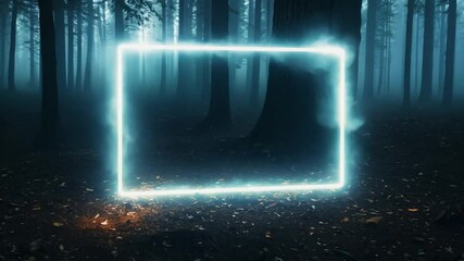 Wall Mural - Rectangular neon luminous surface dirt shimmering forest background form aglow three-dimensional 80s abstract aesthetic animation artistic beautiful blue colours concept dark design exotic floral fra