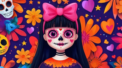 A colorful, whimsical illustration of a girl with skull makeup, vibrant flowers, hearts, and a pink bow, celebrating the Day of the Dead aesthetic.