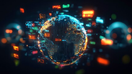 Fototapete - A digital representation of a globe with data visualizations and glowing elements.