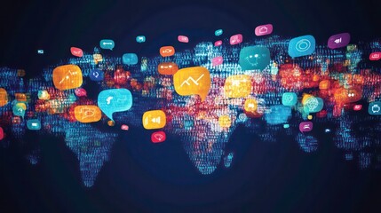 Aufkleber - Digital representation of global communication through social media icons and data streams.