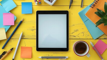 Aufkleber - Top view, yellow background, tablet with white screen lying vertically in the middle, pens and papers lying next to it, coffee cup, colorful post its.