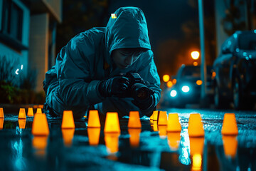 Forensic investigators collecting evidence at night crime scene, detective and investigation team marking blood stains, nighttime crime research in urban street.