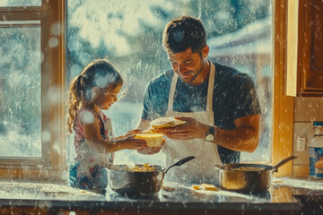 Father and daughter laugh while baking cookies in a cozy kitchen filled with baking ingredients and tools.