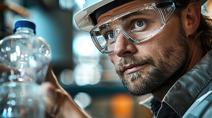 Aufkleber - A male worker in a hardhat wearing safety glasses looking at a bottle he is holding in his hand.