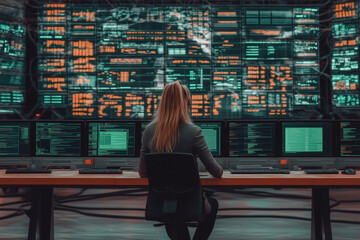Wall Mural - a female it professional with their back to the viewer observing the large amount of computer monito