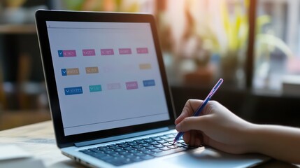 Poster - A person using a laptop with colorful buttons on the screen for interaction or selection.