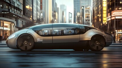 Wall Mural - Futuristic Electric Car with Hydrogen Capsule Charging in Smooth Urban Cityscape