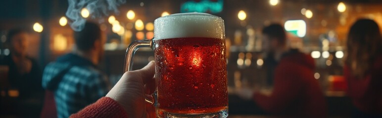 Close-up of a hand holding a glass of beer with a head of foam in a bar.