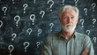 © thenort - A thoughtful older man stands against a backdrop of question marks, suggesting contemplation.