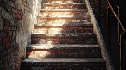 Weathered brick staircase bathed in sunlight showcasing vintage architectural details