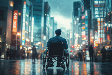 A man in a wheelchair navigating a busy city street, surrounded by bustling pedestrians and tall buildings.