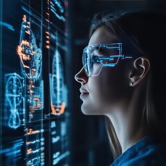 Poster - A woman wearing futuristic glasses interacts with digital schematics and data displays.