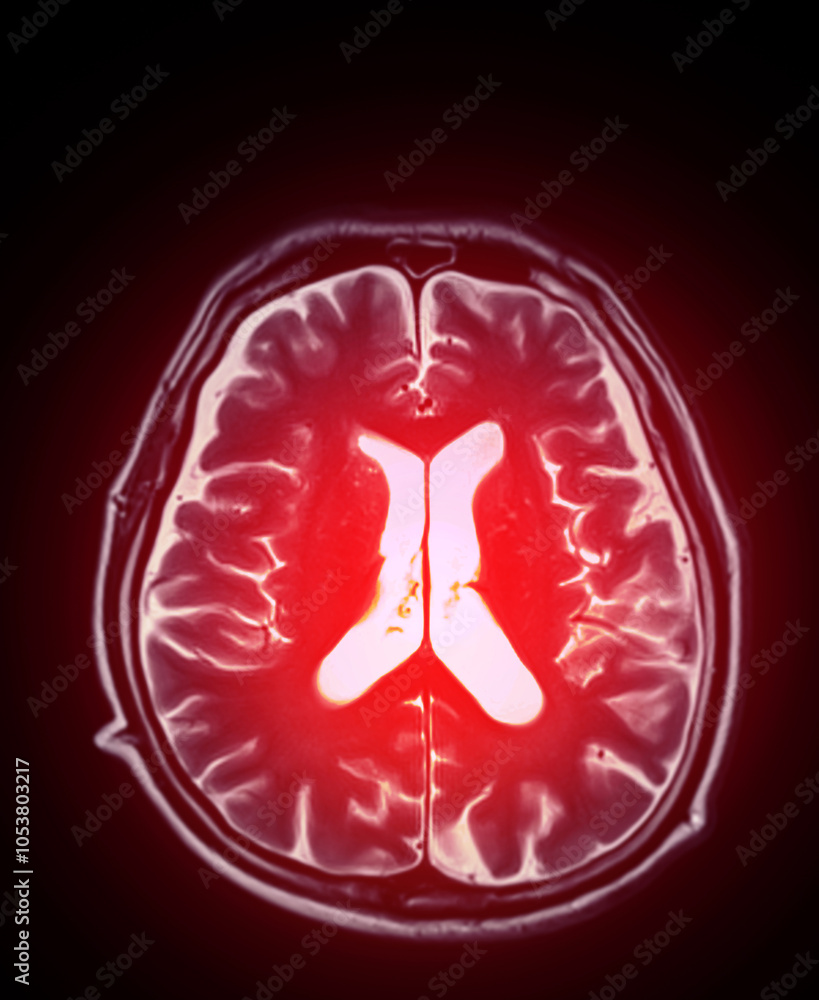 MRI scan of the brain with highlighted regions in red, potentially ...