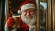 © Intelligent Horizons - Slightly tipsy Santa Claus holding a glass of eggnog and gifts giving a sly grin as he stumbles through the doorway of a cozy indoor setting