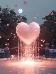 Poster - Heart-shaped entity, glowing with warm, Their shared form pulses gently, surrounded by swirling petals, casting a soft pink glow onto the nearby fountain and trees. The moon shines gently above them.